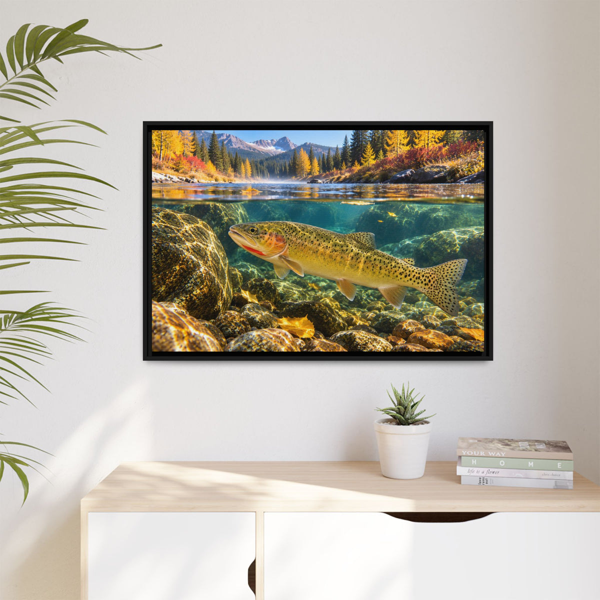 St. Joe Autumn Cutthroat Trout framed canvas hanging in a living room