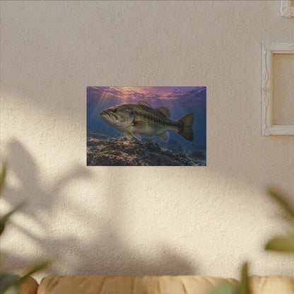 Lavender Twilight Ridge Largemouth Bass canvas hanging in a living room