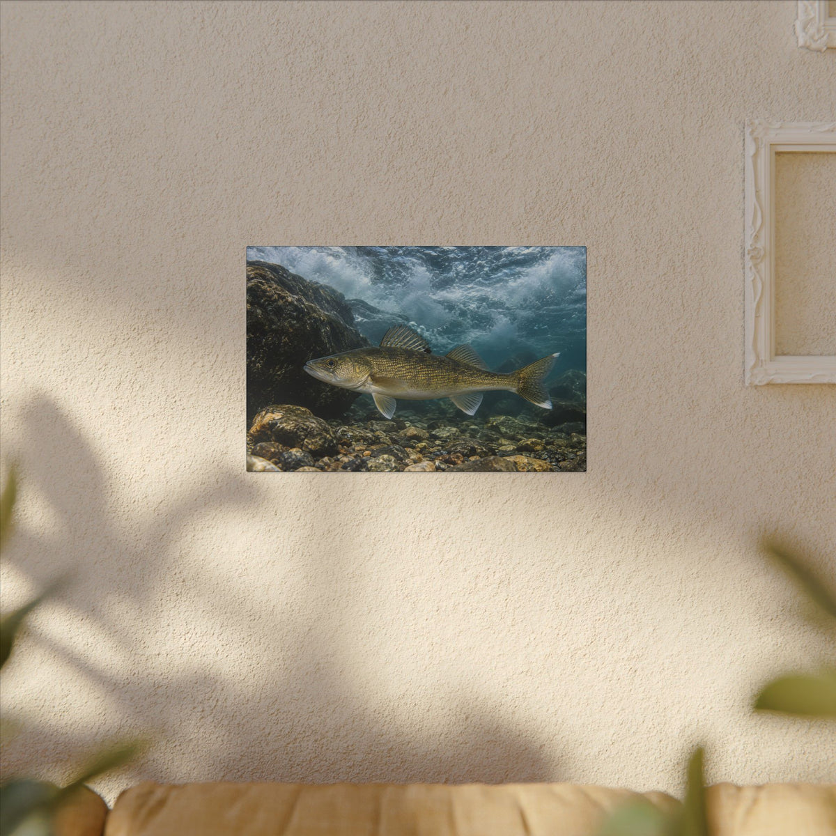 Tailwater Below the Dam Walleye canvas hanging in a living room