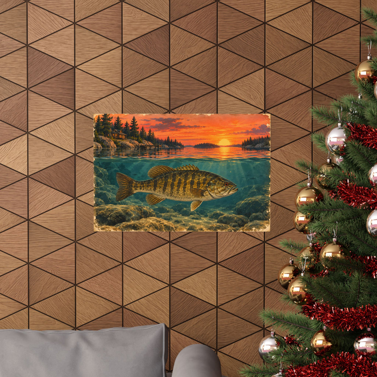 Vintage Sunset Lake Smallmouth Bass poster wall art, view 6