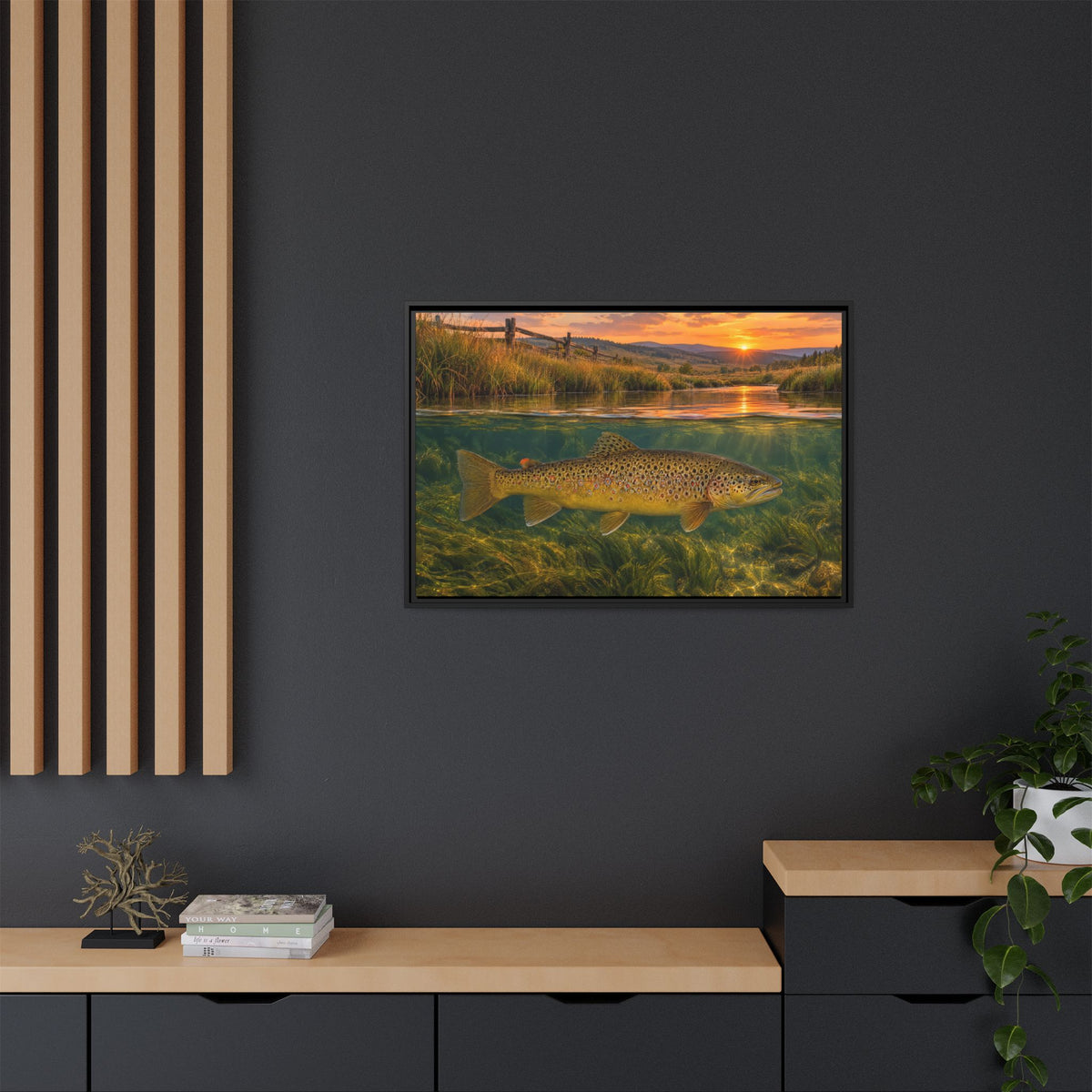 Meadow Over-Under Brown Trout framed canvas in a home office