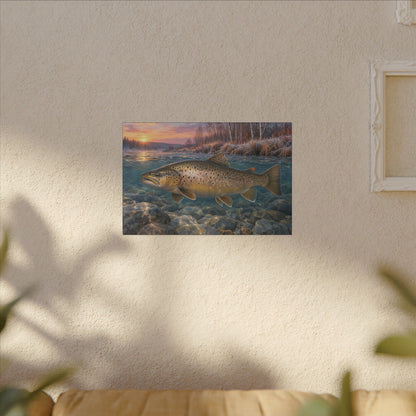 Lake-Run Giant Brown Trout canvas hanging in a living room
