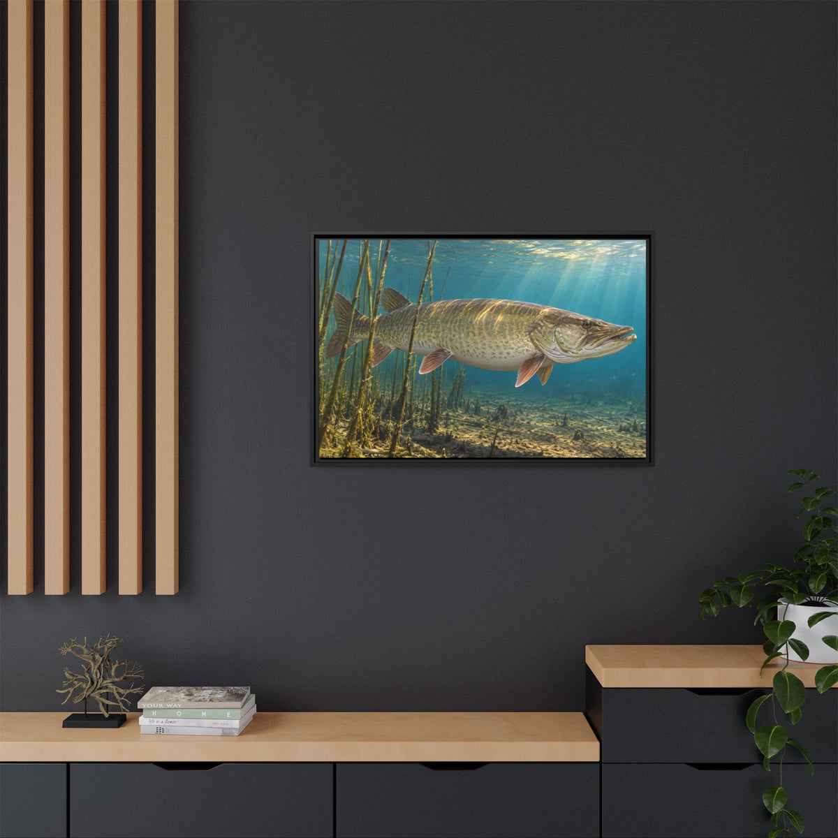 Reed Bed Cruiser Muskie framed canvas in a home office