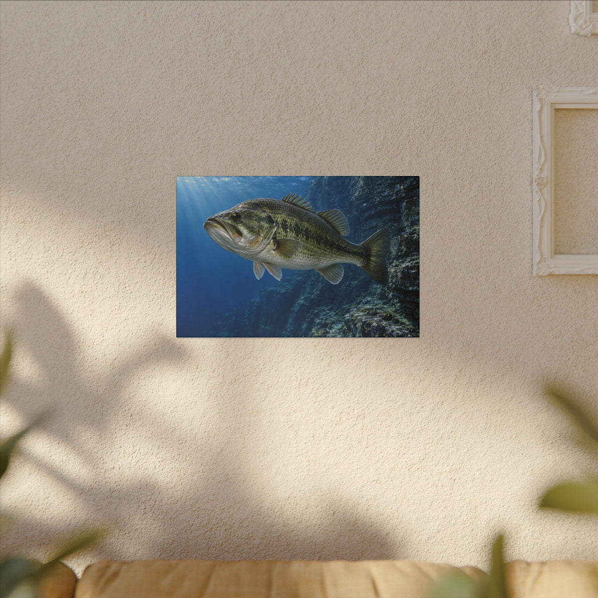 Cobalt Cliff Patrol Largemouth Bass canvas hanging in a living room