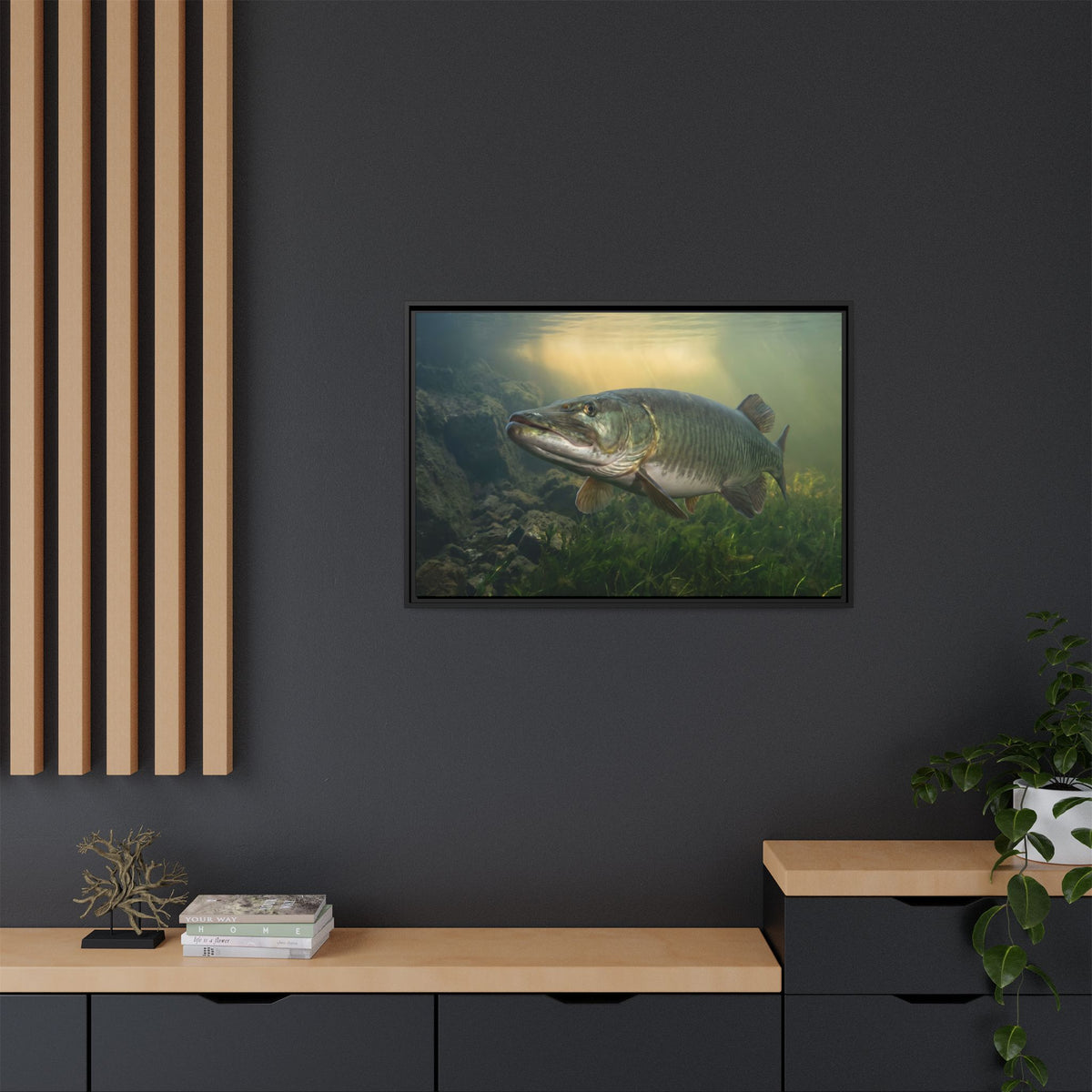 Golden Weed Line Hover Muskie framed canvas in a home office
