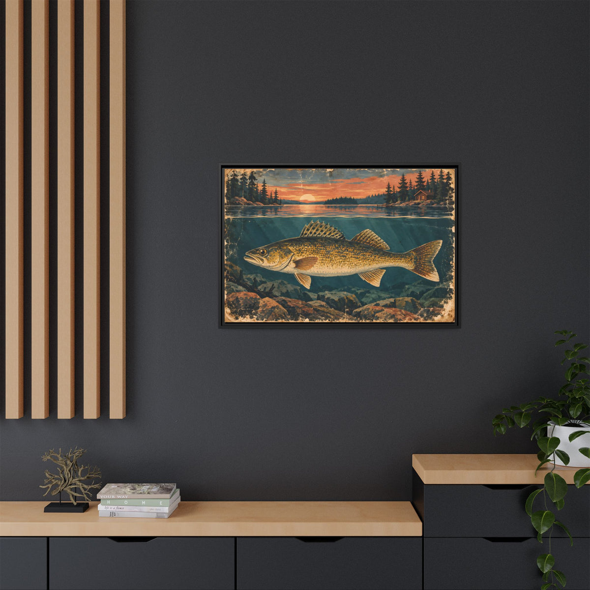 Vintage Lodge Poster Walleye framed canvas in a home office