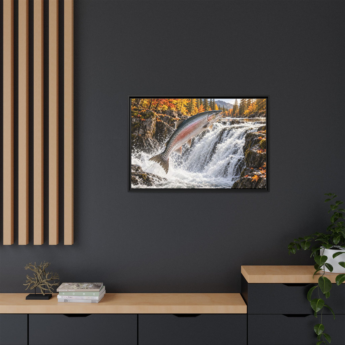 Autumn Falls Leap Salmon framed canvas wall art, view 6