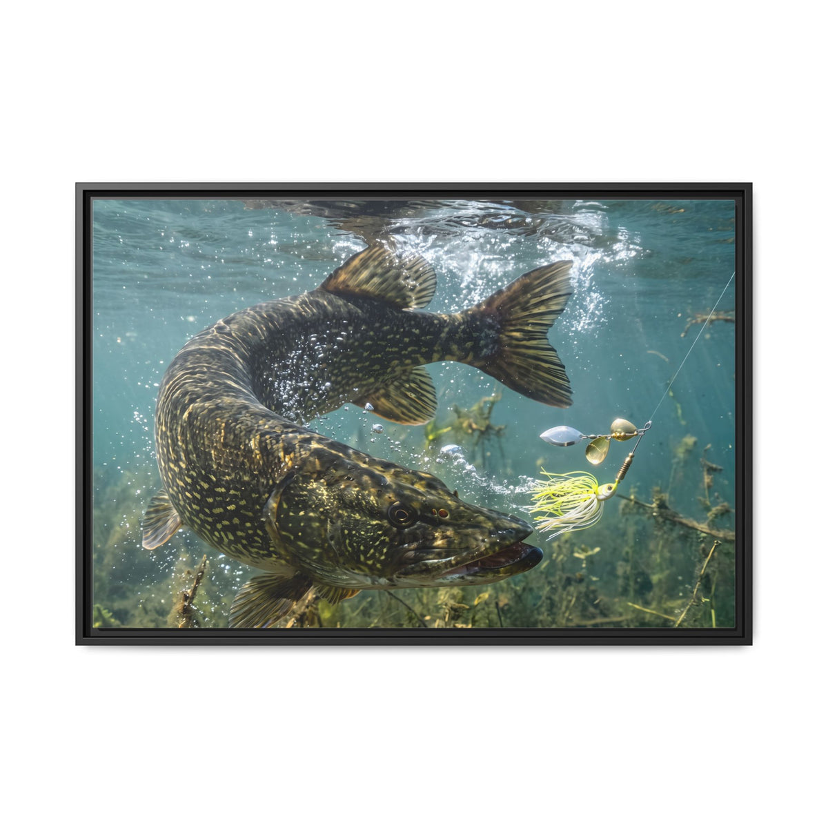 Northern Pike Turning Strike Framed Canvas — Ready-to-Hang Wall Art for Anglers
