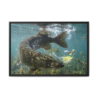 Northern Pike Turning Strike Framed Canvas — Ready-to-Hang Wall Art for Anglers