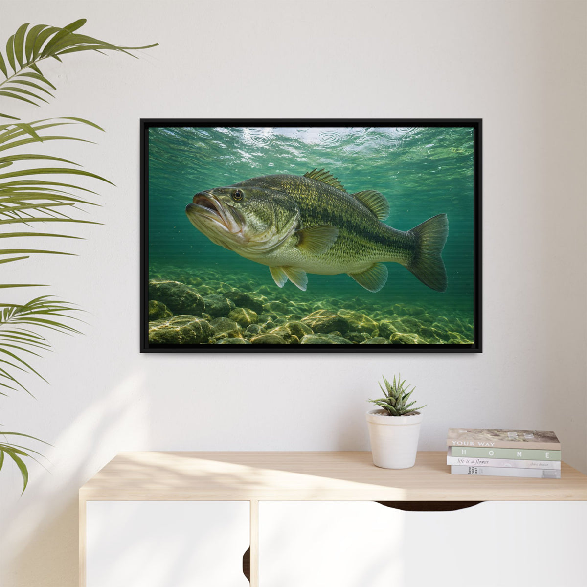 Emerald Rainlight Largemouth Bass framed canvas hanging in a living room