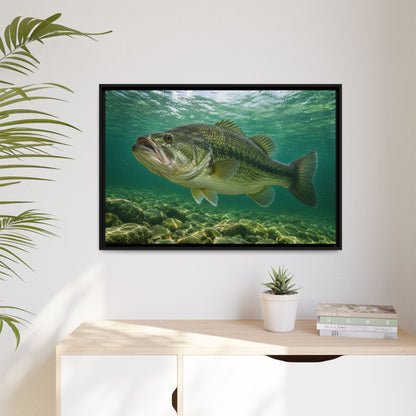 Emerald Rainlight Largemouth Bass framed canvas hanging in a living room