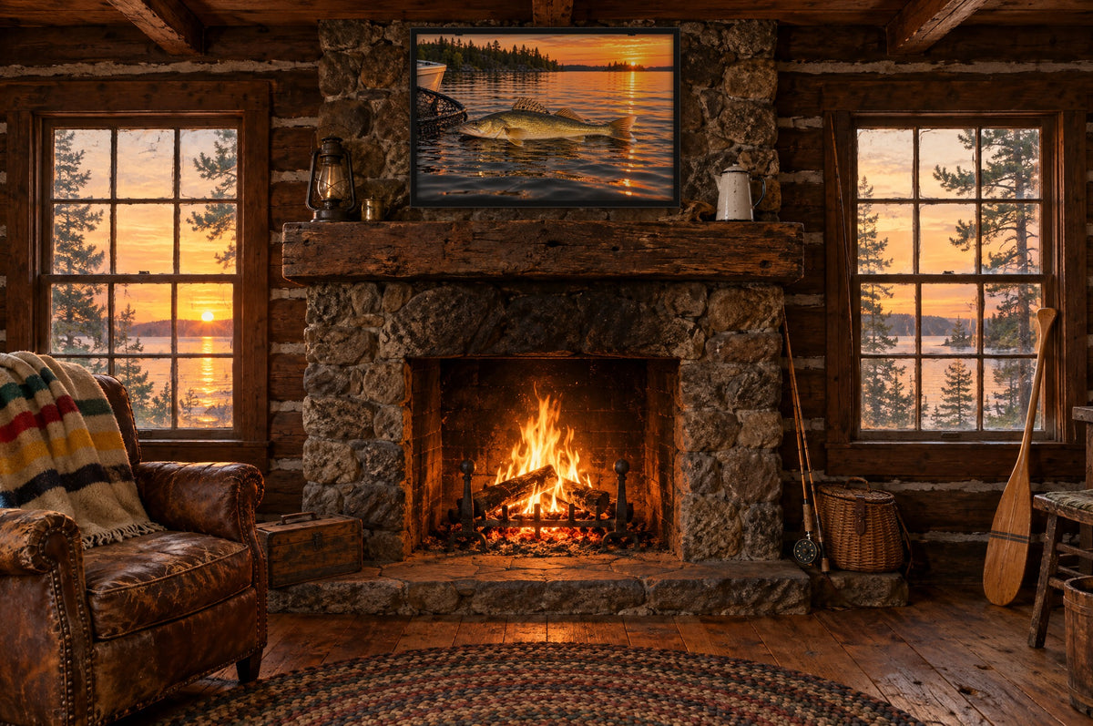 Framed walleye wall art above a fieldstone fireplace in a vintage log fishing cabin at sunset