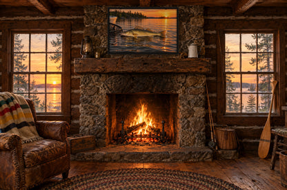 Framed walleye wall art above a fieldstone fireplace in a vintage log fishing cabin at sunset