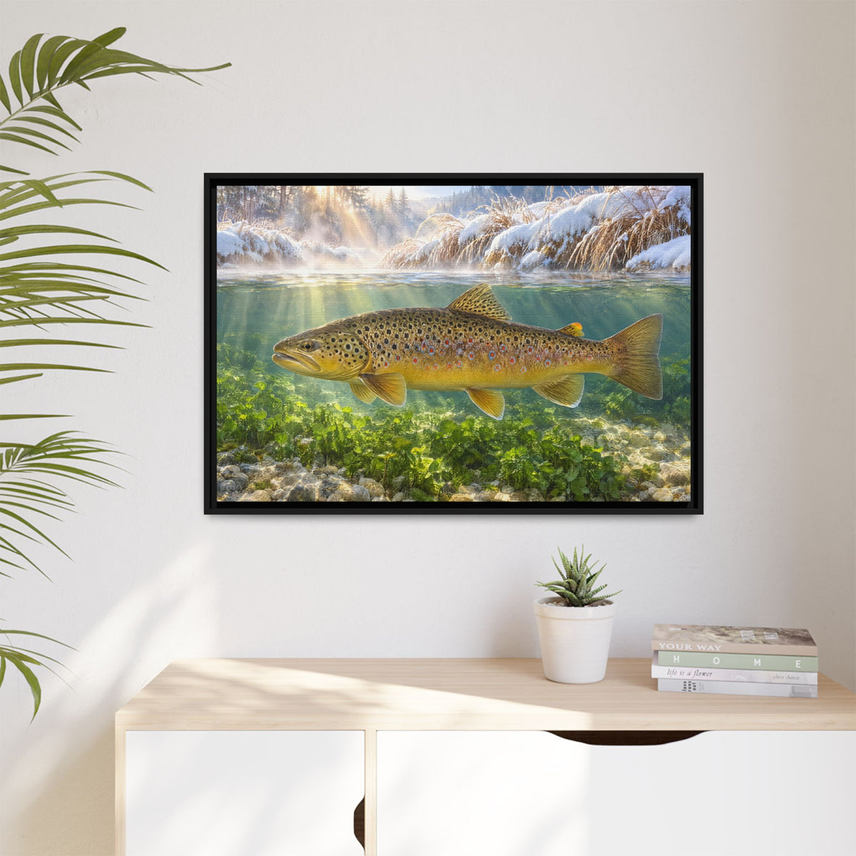 Winter Spring Creek Brown Trout framed canvas hanging in a living room