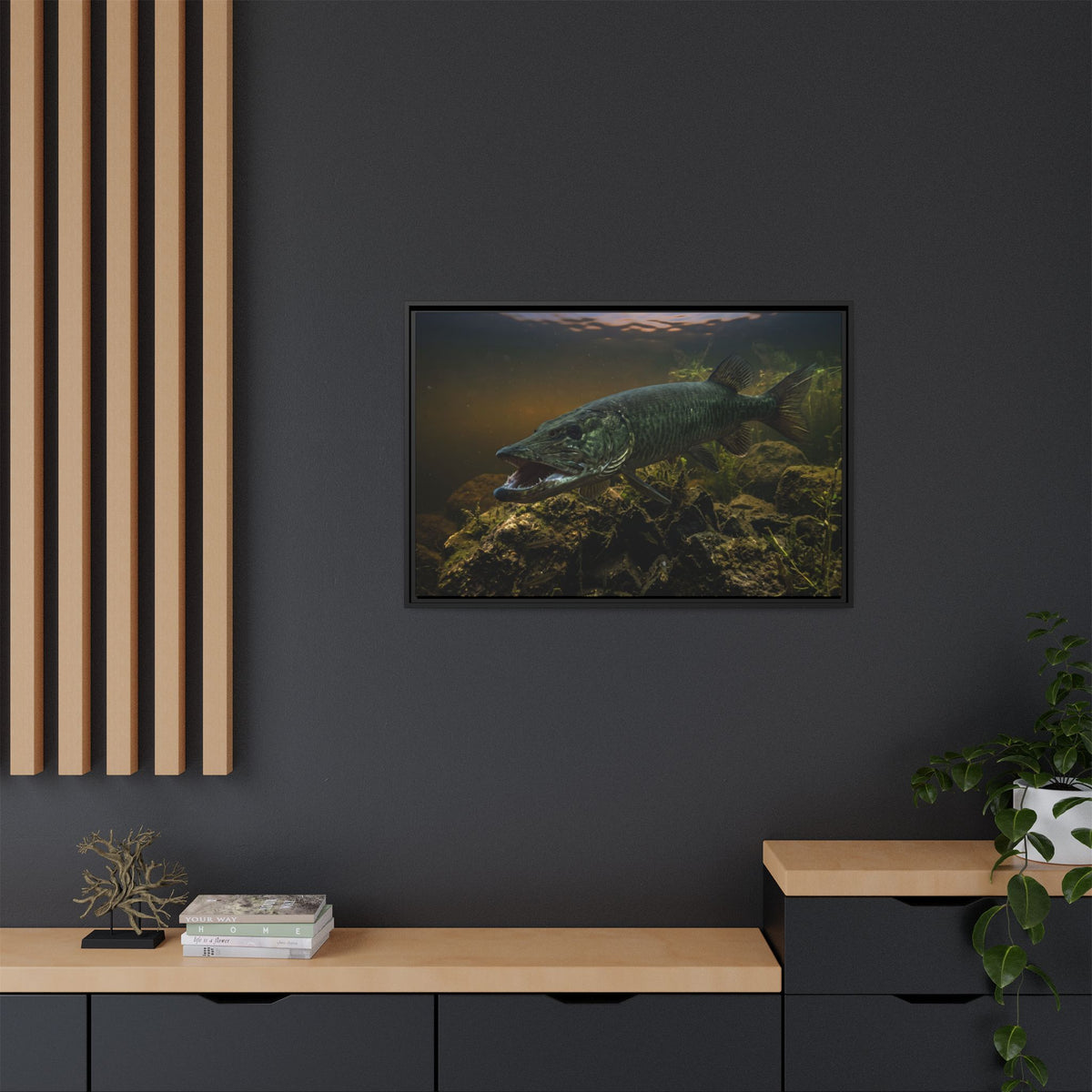 Mouth Open Dusk Sky Muskie framed canvas in a home office