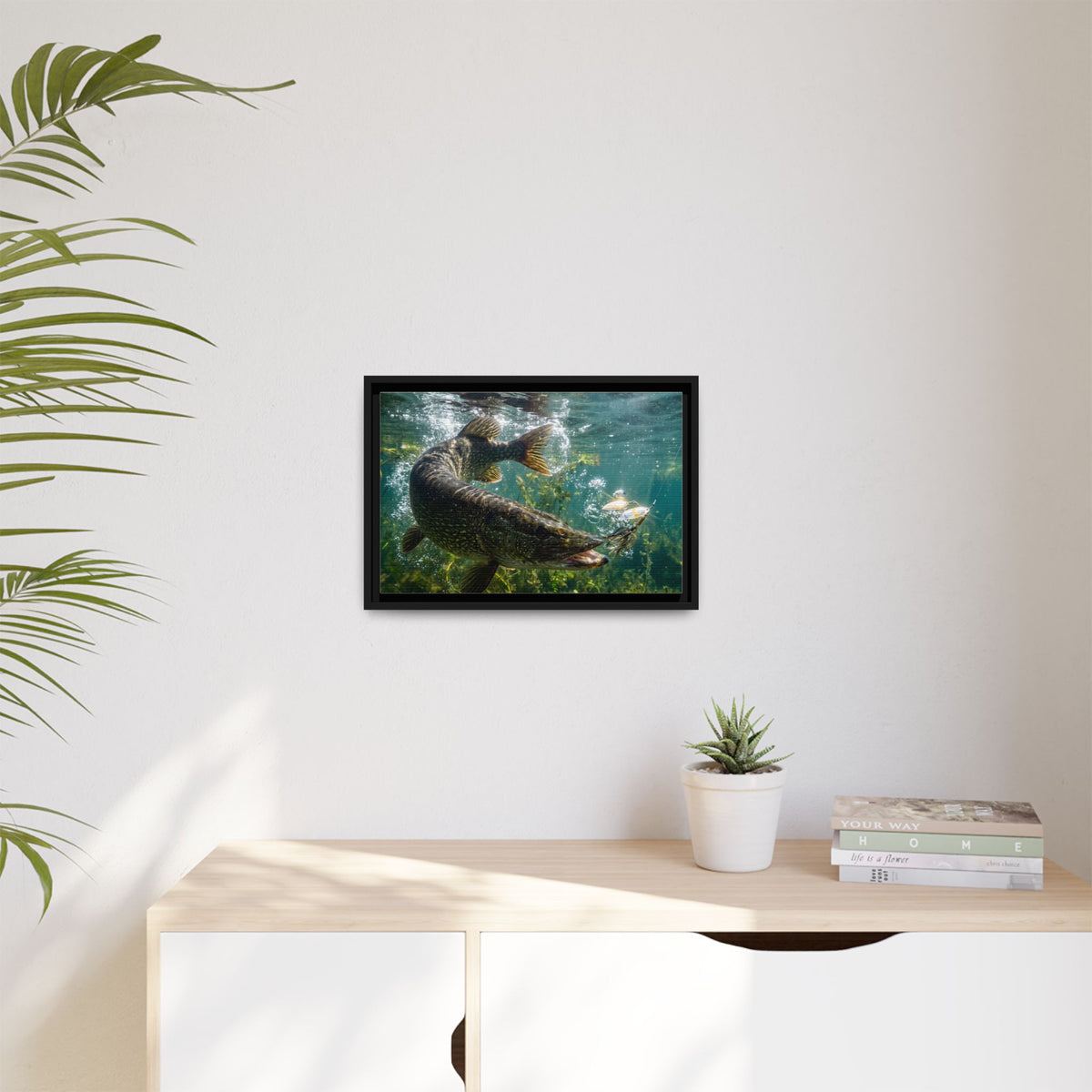 Northern Pike Spinnerbait Strike Framed Canvas — Ready-to-Hang Wall Art for Anglers