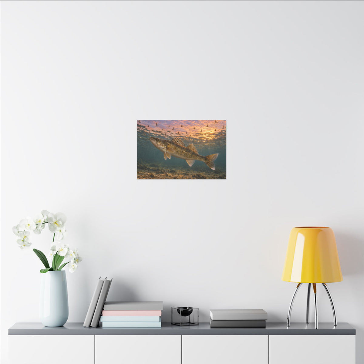 Mayfly Hatch Evening Walleye canvas in a home office
