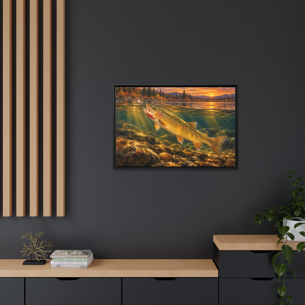 Red Throat at Dusk Cutthroat Trout framed canvas in a home office