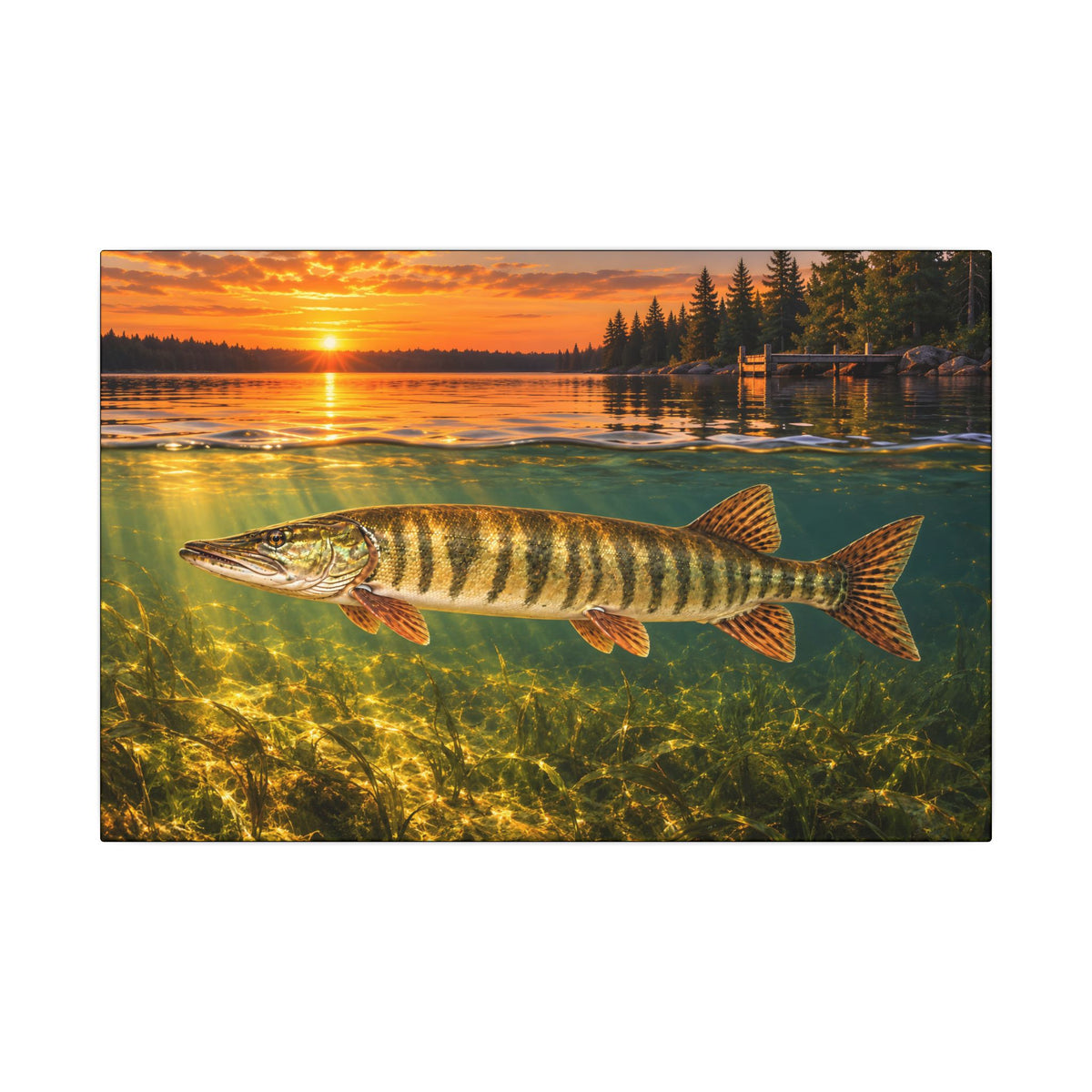 Over-under view of a muskie below a northwoods dock at orange sunset, fishing wall art canvas