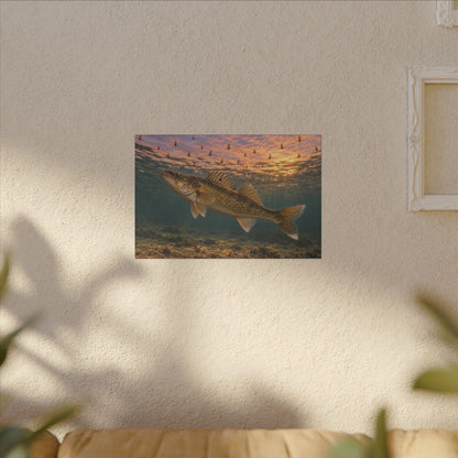 Mayfly Hatch Evening Walleye canvas hanging in a living room