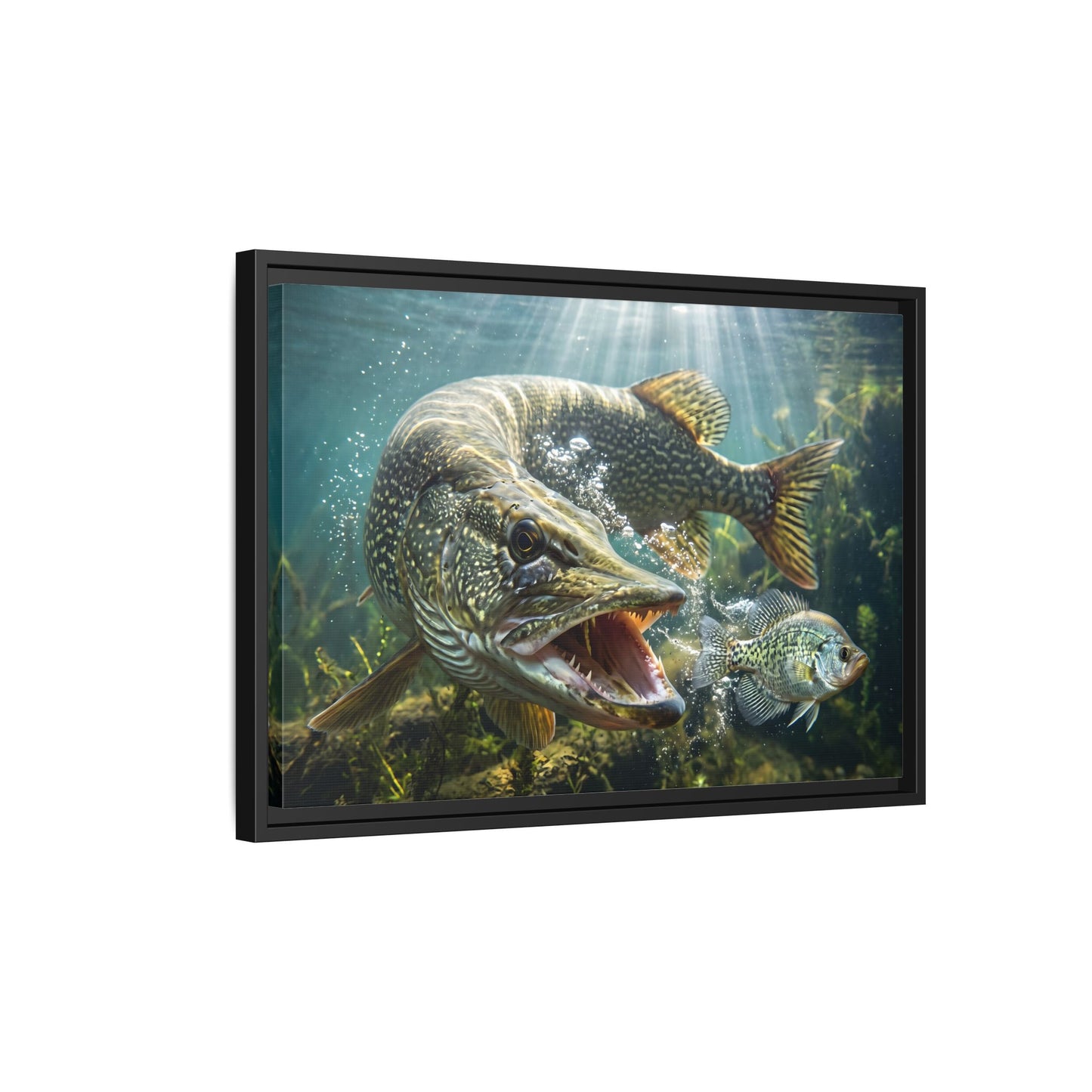 Northern Pike Predator Strike Framed Canvas — Ready-to-Hang Wall Art for Anglers