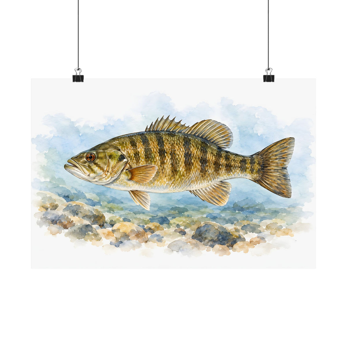 Watercolor Pebbles Smallmouth Bass poster wall art, view 2