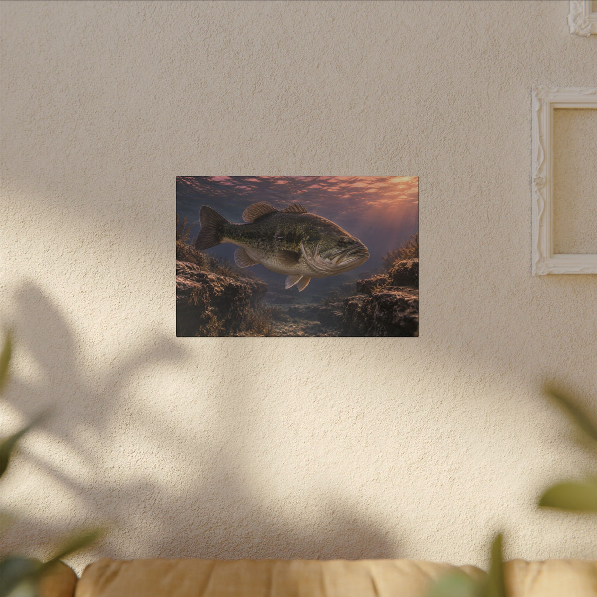 Rose-Gold Dusk Channel Largemouth Bass canvas hanging in a living room