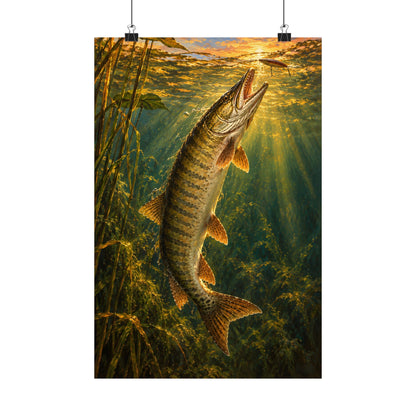 Golden Hour Muskie Oil Painting vertical poster wall art, 12x18 size view