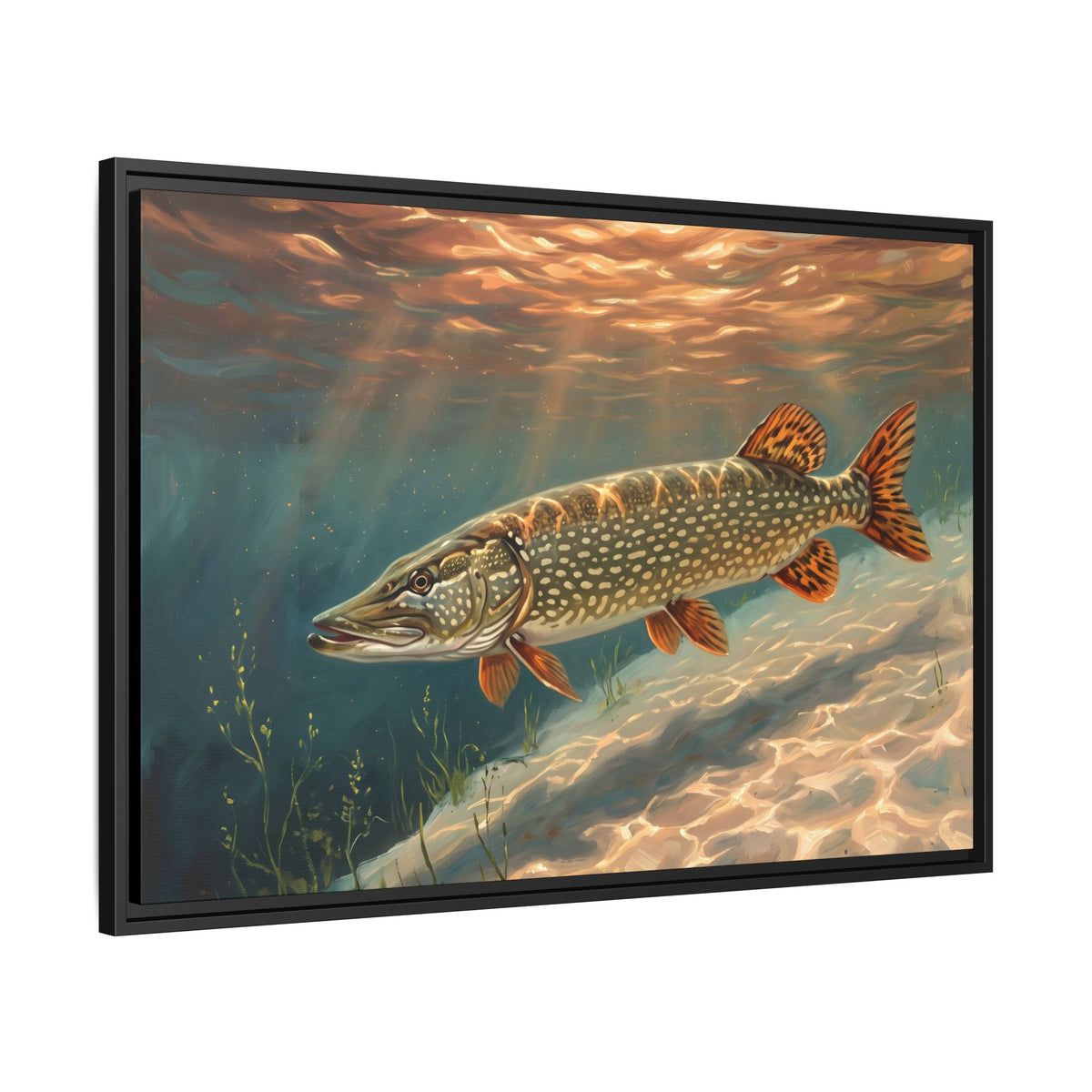 Sandbar Sunset Northern Pike framed canvas, side angle