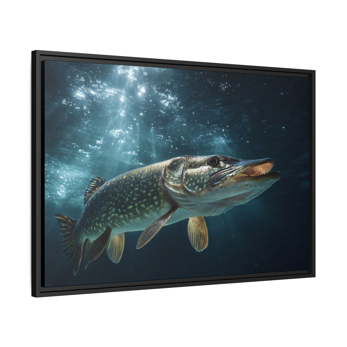 Emerging from the Deep Northern Pike framed canvas side angle