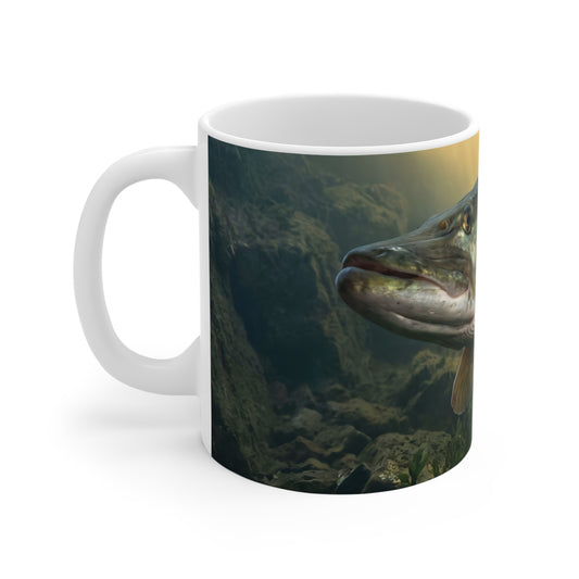 Golden Weed Line Muskie coffee mug, handle on the left