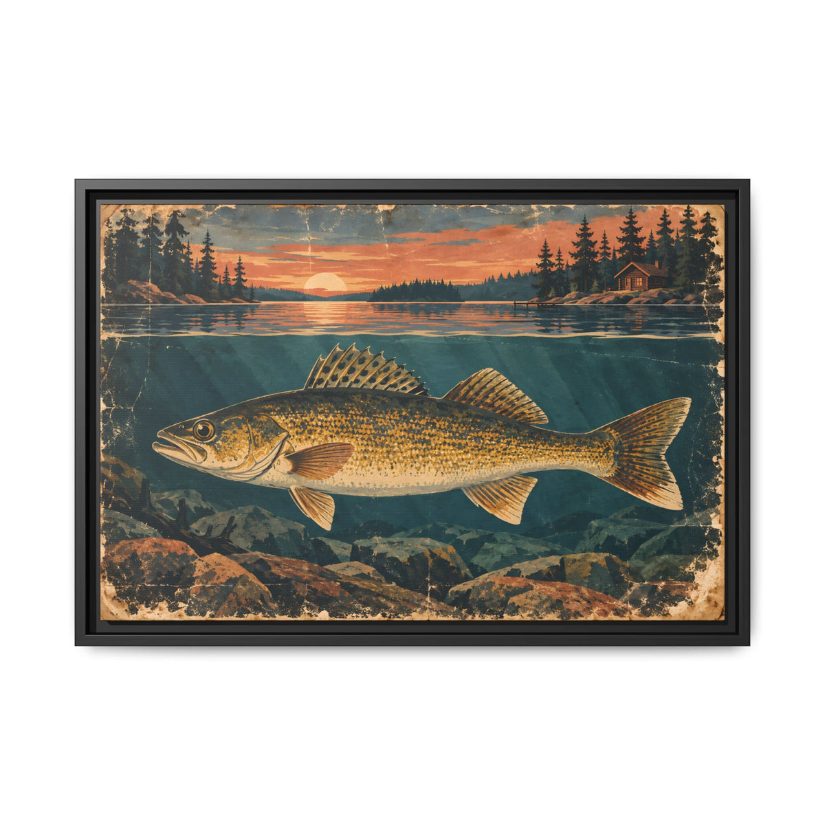 Vintage Lodge Poster Walleye framed canvas, 36x24 size view