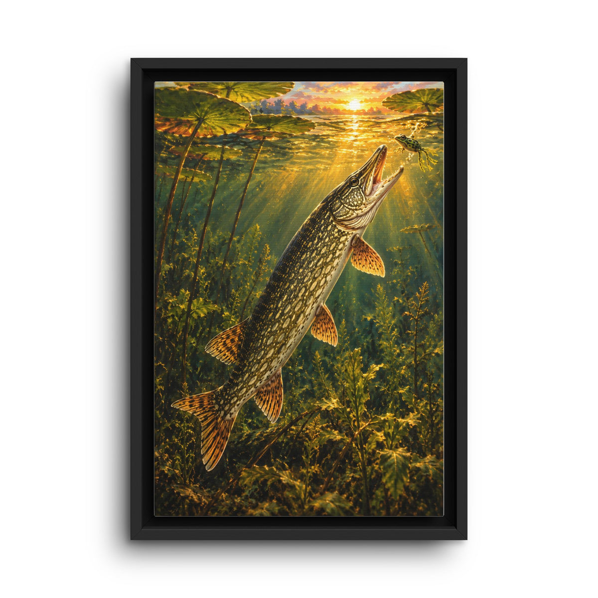 Golden Hour Northern Pike Painting framed canvas wall art