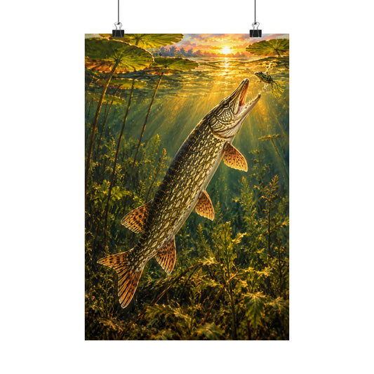 Golden Hour Northern Pike Painting vertical poster wall art, 12x18 size view