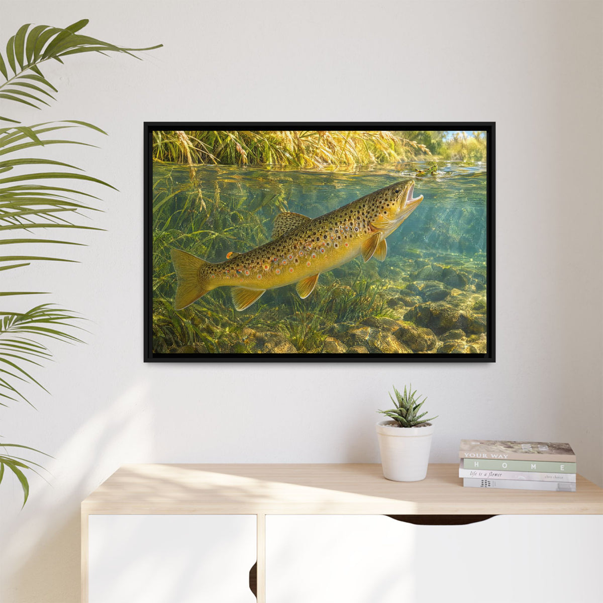 Hopper Season Brown Trout framed canvas hanging in a living room