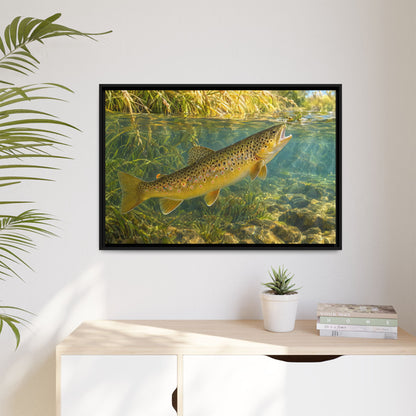Hopper Season Brown Trout framed canvas hanging in a living room