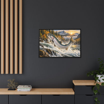 Sunrise Leap Coho Salmon framed canvas in a home office