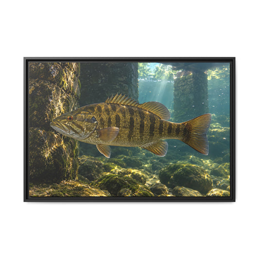 A smallmouth holds by old stone bridge pilings as sunlight streams down, fishing wall art framed canvas