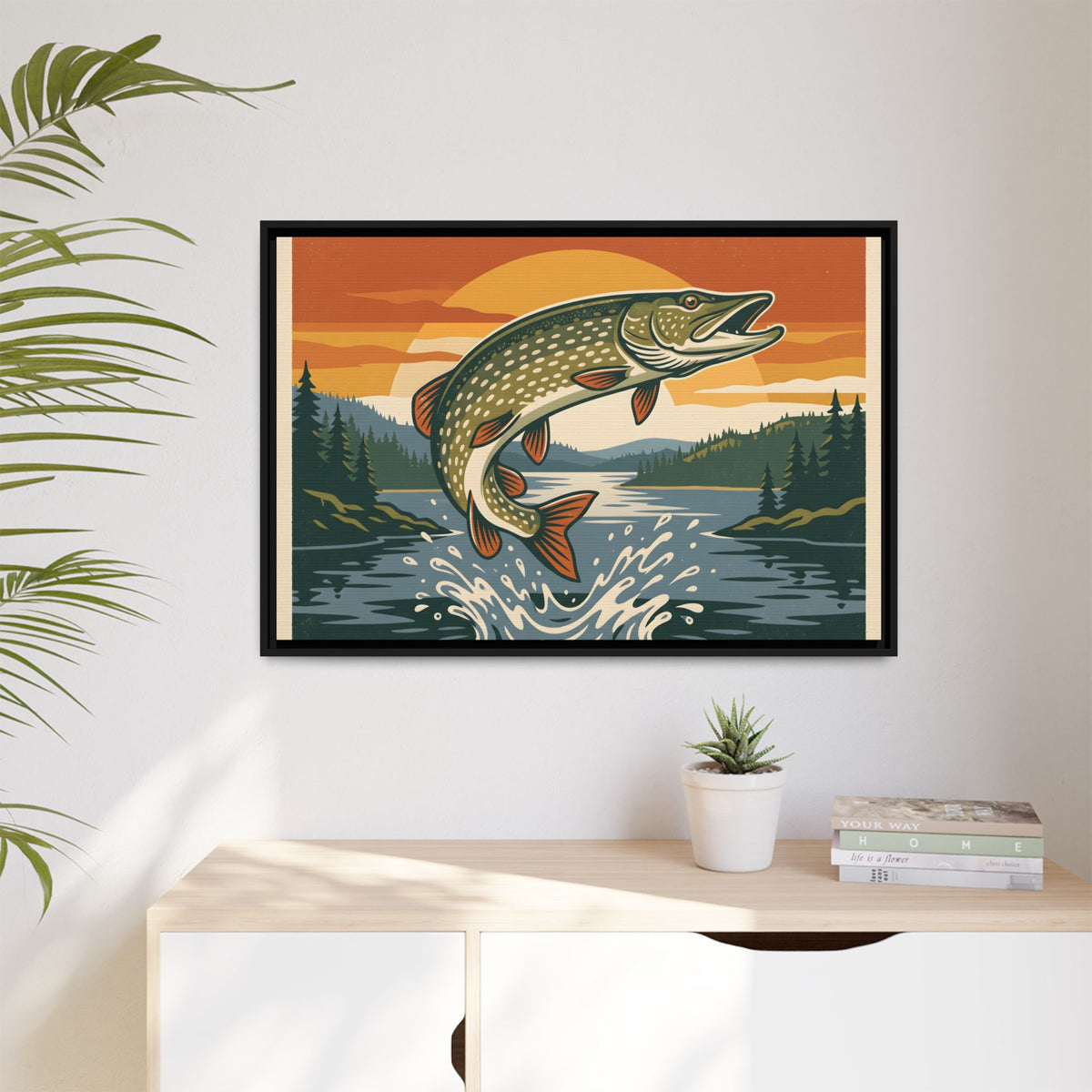 Vintage Lodge Northern Pike framed canvas hanging in a living room