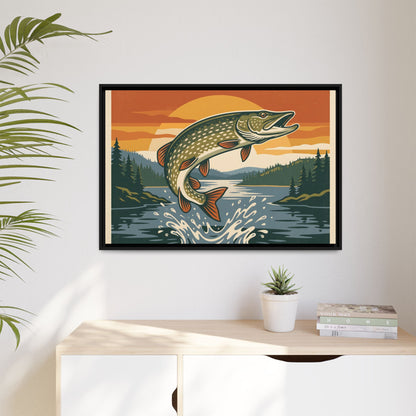 Vintage Lodge Northern Pike framed canvas hanging in a living room