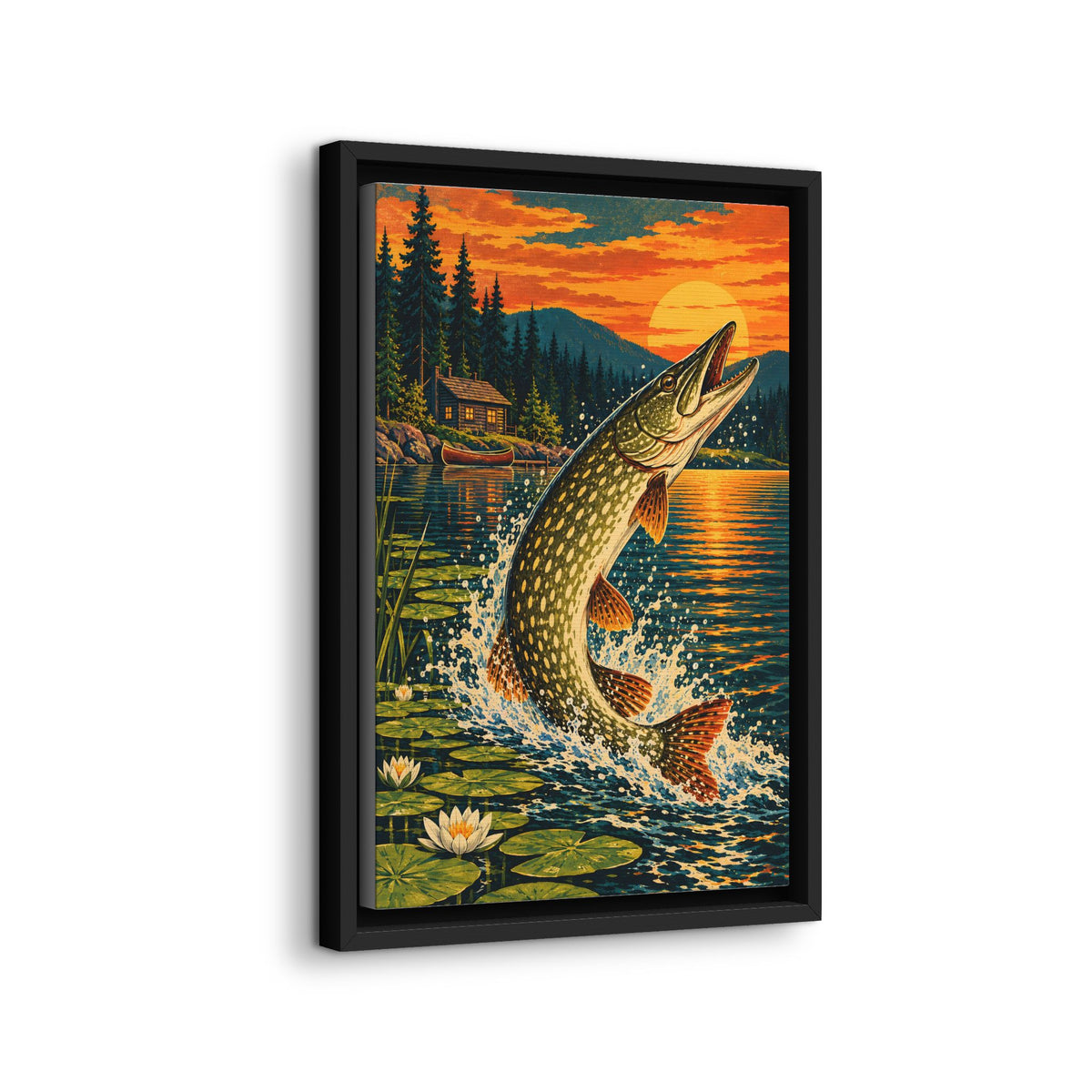 Northern Pike Sunset Leap Vintage framed canvas wall art, view 4