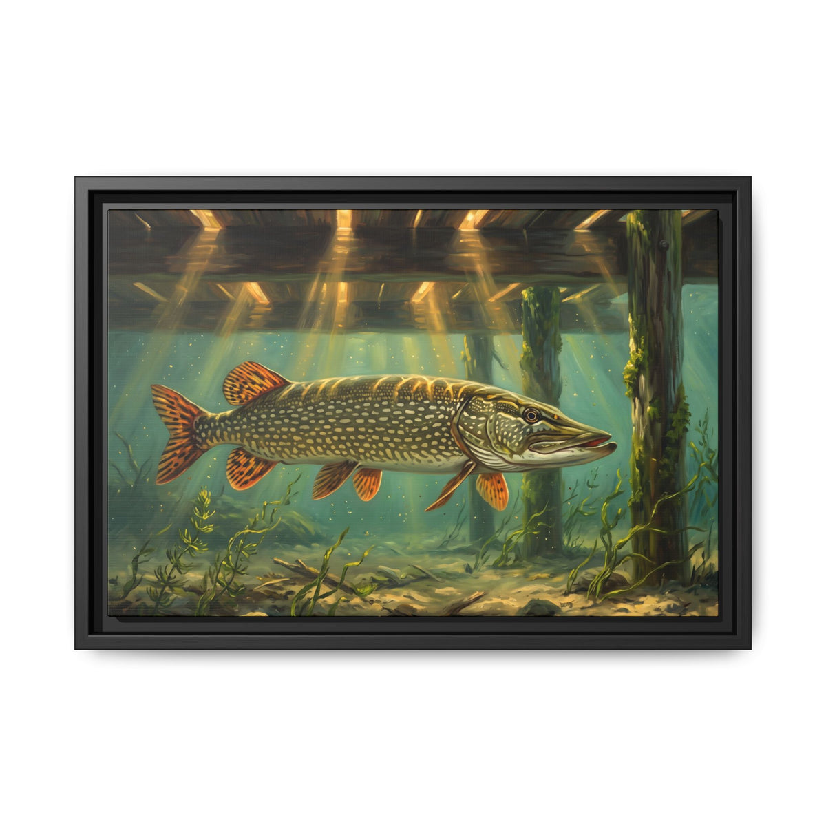 Under the Dock Northern Pike framed canvas, 24x16 size view