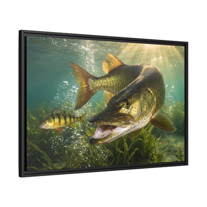Yellow Perch Chase Muskie framed canvas side angle