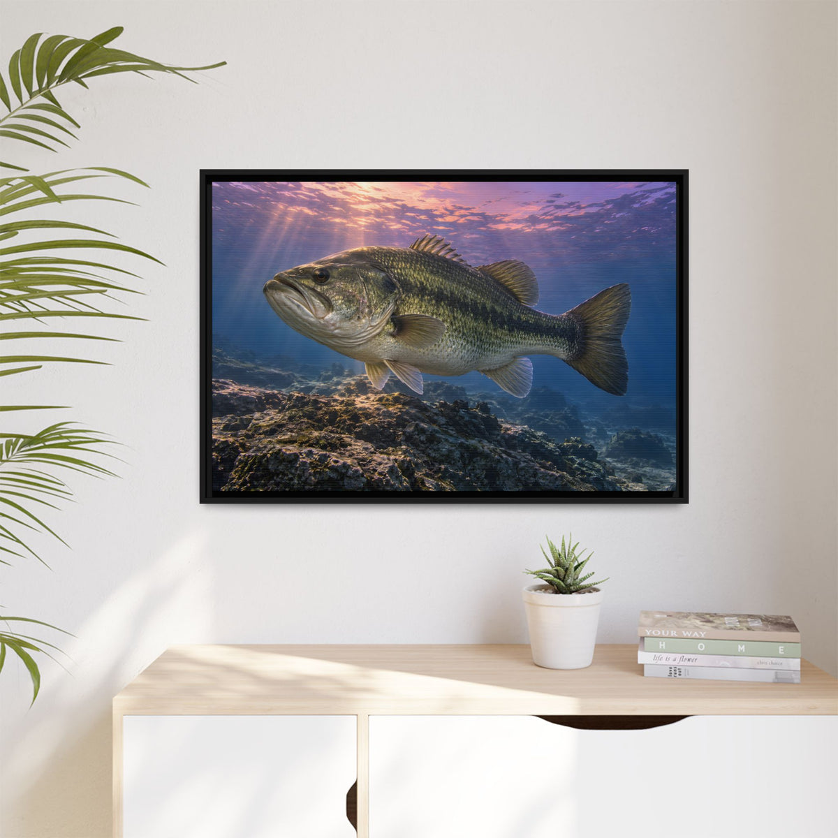 Lavender Twilight Ridge Largemouth Bass framed canvas hanging in a living room