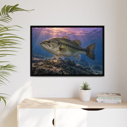 Lavender Twilight Ridge Largemouth Bass framed canvas hanging in a living room