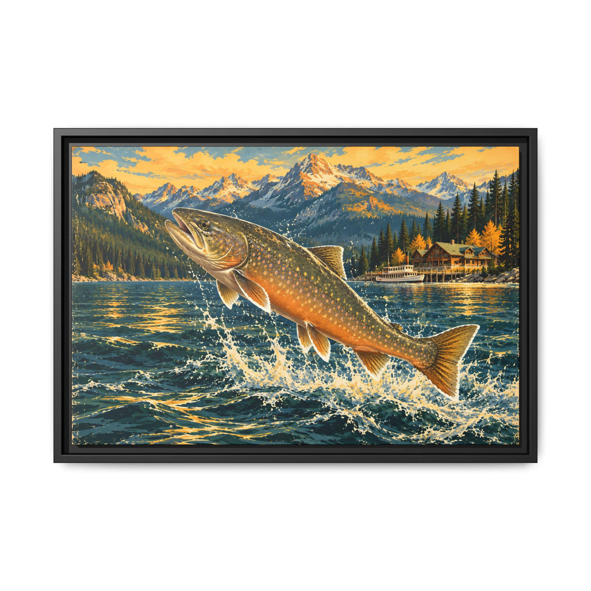 Northern Lake Lodge Bull Trout framed canvas, 24x16 size view