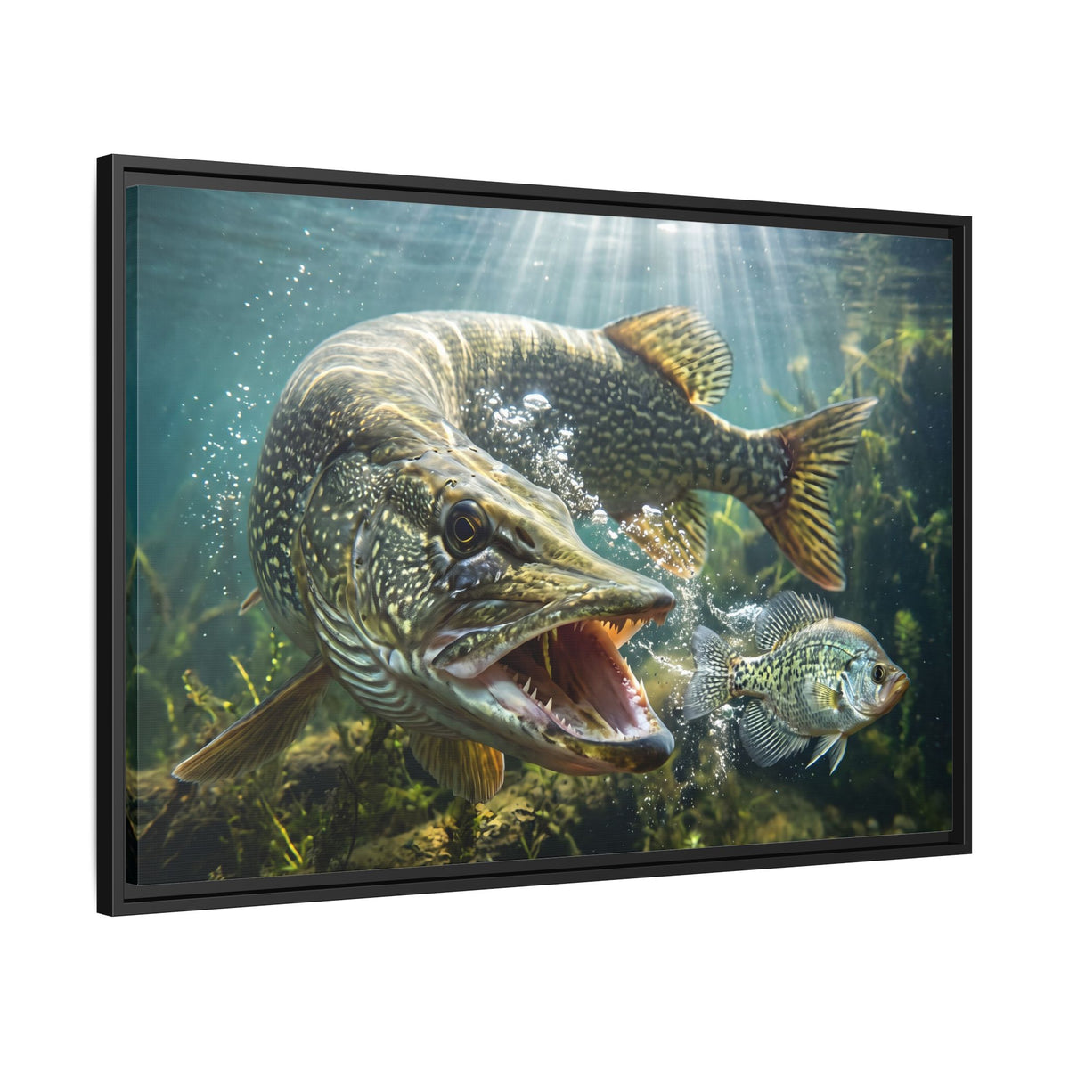 Northern Pike Predator Strike Framed Canvas — Ready-to-Hang Wall Art for Anglers