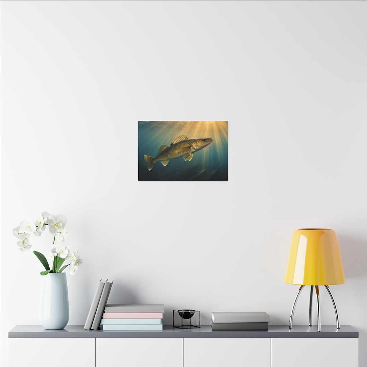 Backlit Sunbeam Cruise Walleye canvas in a home office