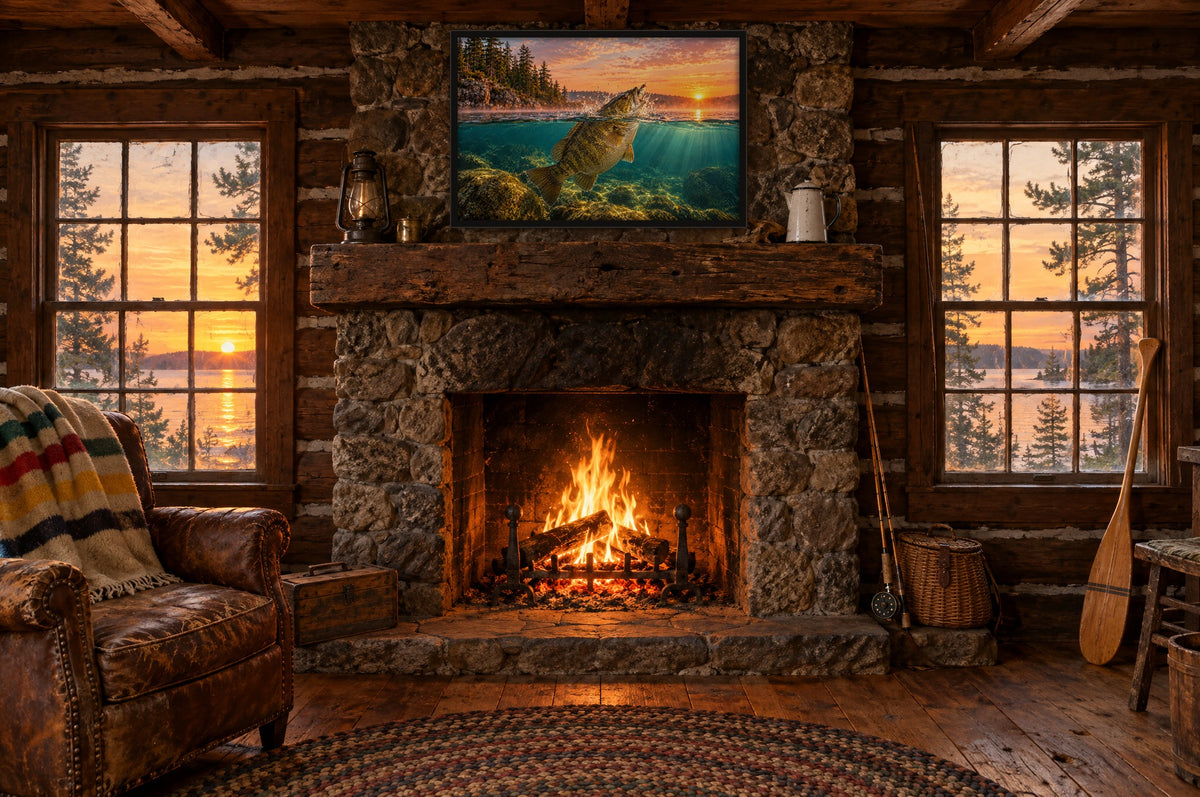 Topwater Dawn Smallmouth framed wall art above a fieldstone fireplace in a vintage log fishing cabin at sunset