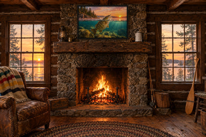 Topwater Dawn Smallmouth framed wall art above a fieldstone fireplace in a vintage log fishing cabin at sunset